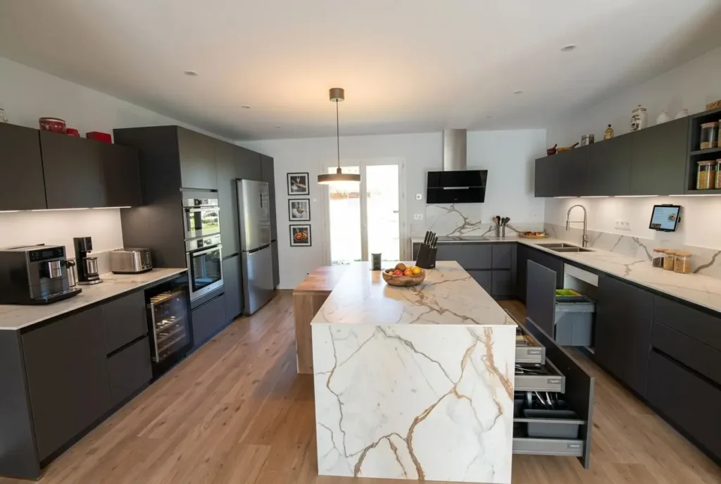 Cuisine moderne en U/L avec îlot central, meubles noirs et plan marble.Équipements: réfrigérateur, four, micro-ondes, cafetière. Rangements optimisés, rangement tiroirs, espace dégagé. Idéal aménagement petite cuisine 6m2.