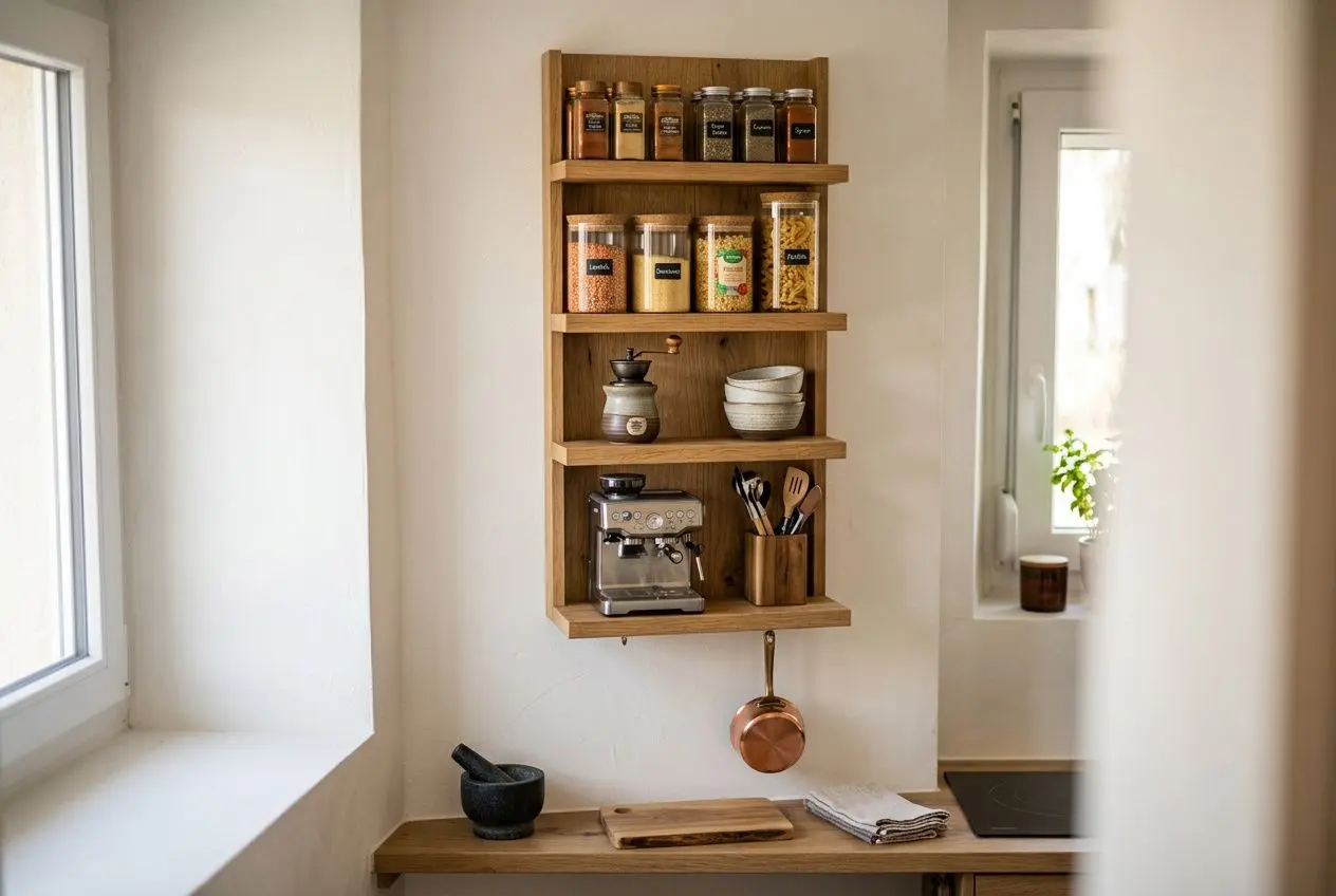 Étagère en bois fixée au mur dans une petite cuisine, rangements ouverts avec épices, tasses et machine à café, plan de travail sobre et lumière naturelle. aménagement petite cuisine 6m2.