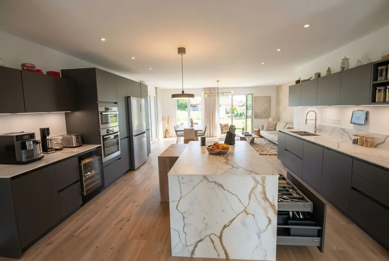 Cuisine contemporaine sur îlot central en marbre; rangements gris foncé, électroménagers intégrés et plan de travail lumineux. Projet de rénovation cuisine.