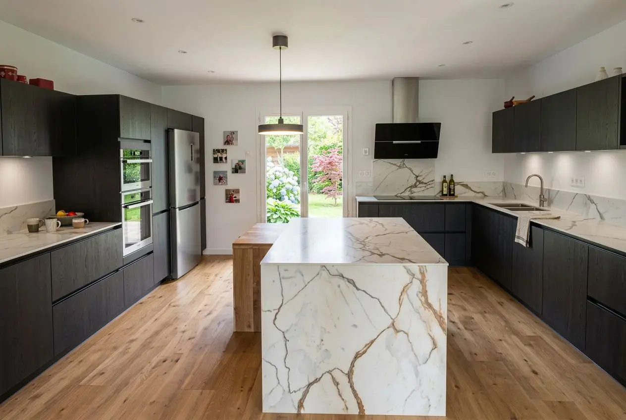 Cuisine équipée avec rangement sur mesure: îlot central en marbre, meubles noirs et plan de travail assorti, espace lumineux et accès jardin.