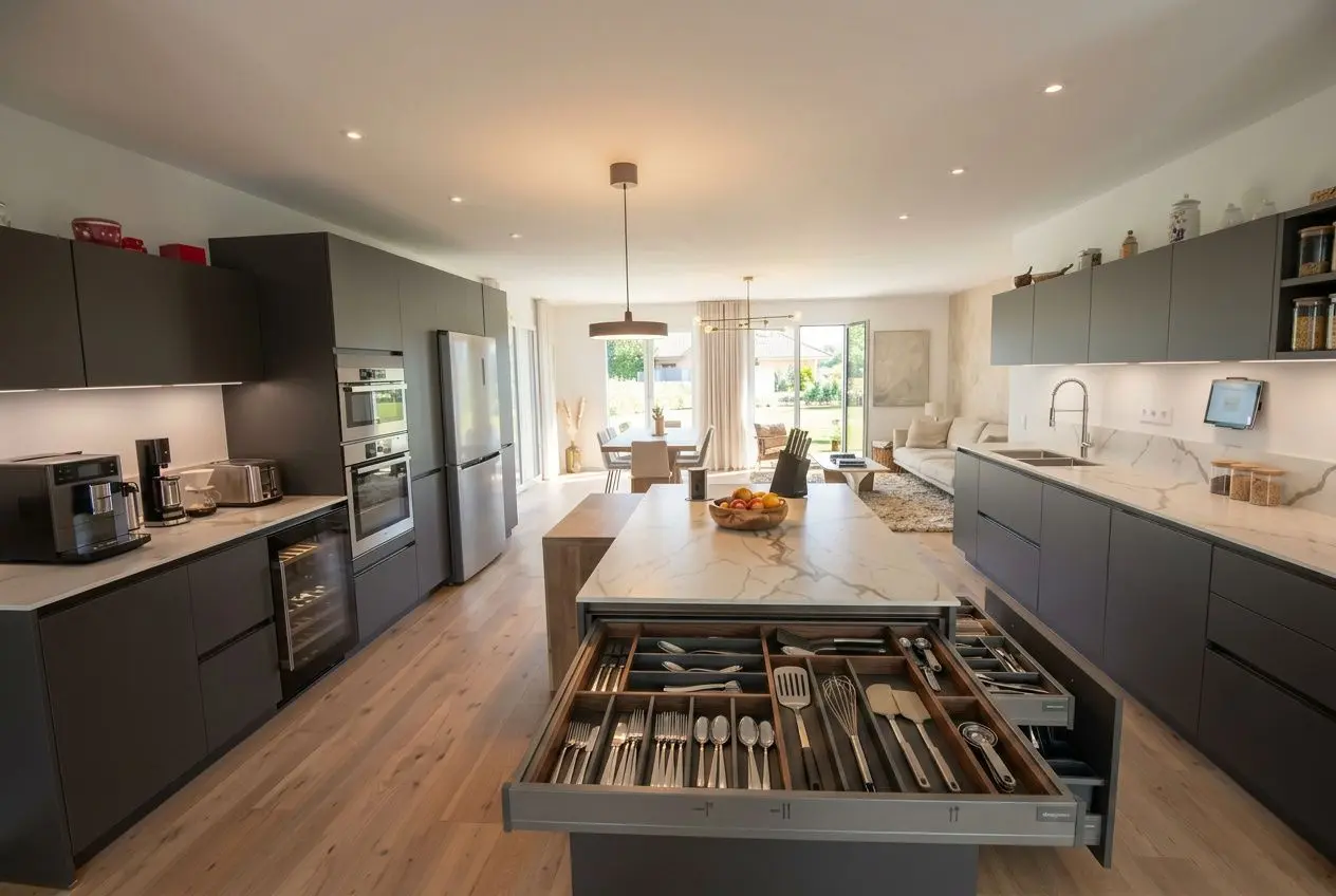 Cuisine moderne avec îlot central et rangements sur mesure; tiroirs tirant argenté dévoilant ustensiles, plan de travail veiné, configurations optimisées pour le rangement cuisine sur mesure.