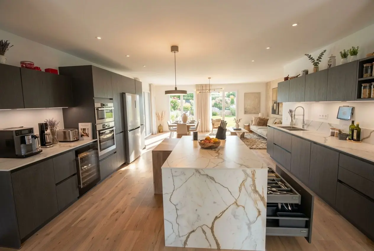 Cuisine moderne et lumineuse avec îlot marbre, plans de travail gris foncé et rangements intégrés. Électroménager encastré et espace repas au fond.