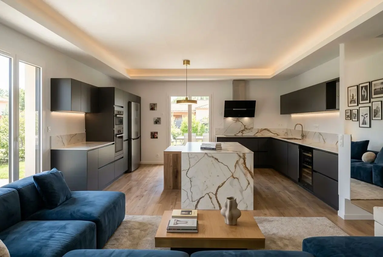 Cuisine moderne et lumineuse avec îlot en marbre et rangements noirs, coin salon bleu et grande porte-fenêtre. r é n o v a t i o n cuisine.