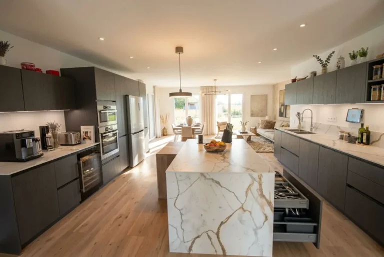 Cuisine rustique moderne bois: cuisine lisible avec ilôt central en pierre blanche veiné, plans de travail en bois sombre et rangements intégrés.