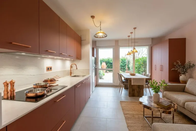 Plan de travail cuisine sur mesure dans une cuisine moderne, avec façades marron et plan en pierre, îlot et espace repas lumineux.