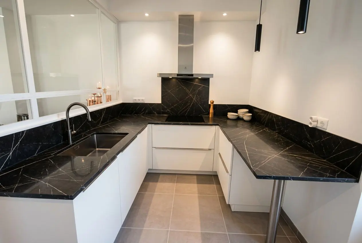 Plan de travail cuisine sur mesure noir marbré sur un comptoir en L avec évier noir, îlot et rangements blancs, ambiance moderne et lumineuse.