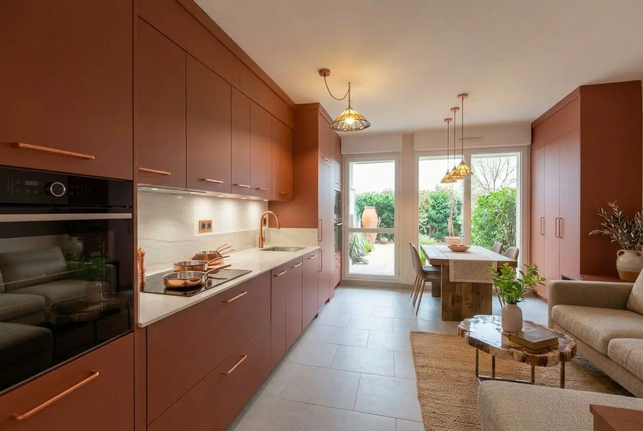 Rangement cuisine sur mesure: cuisine lumineuse avec façades rouges, plan de travail clair, rangements hauts et bas, espace dîner et accès jardin.