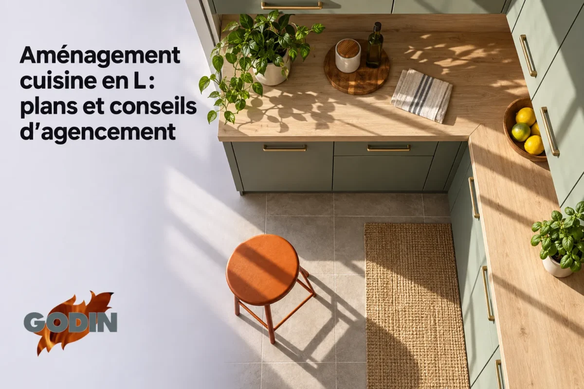 Cuisine en L avec comptoir en bois et meubles vert olive, vue plongeante sur le sol carrelé et le tabouret orange.