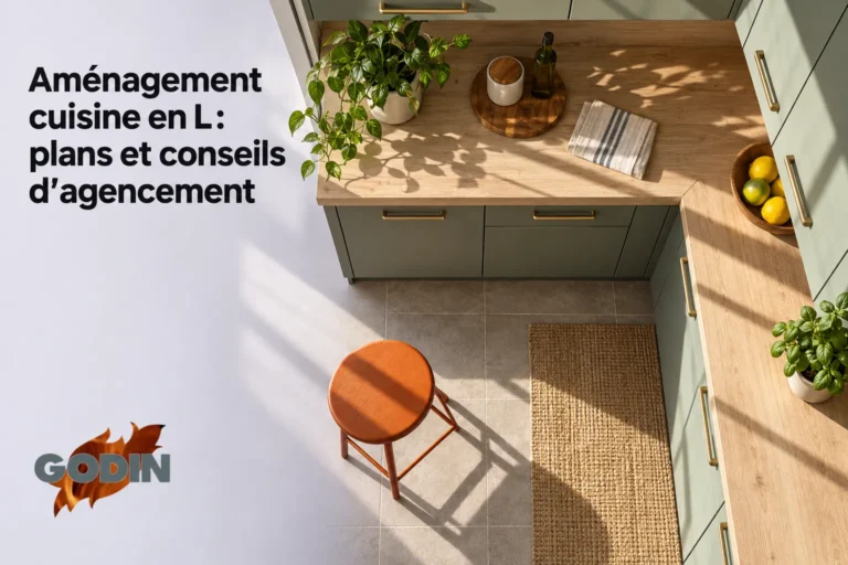 Cuisine en L avec comptoir en bois et meubles vert olive, vue plongeante sur le sol carrelé et le tabouret orange.