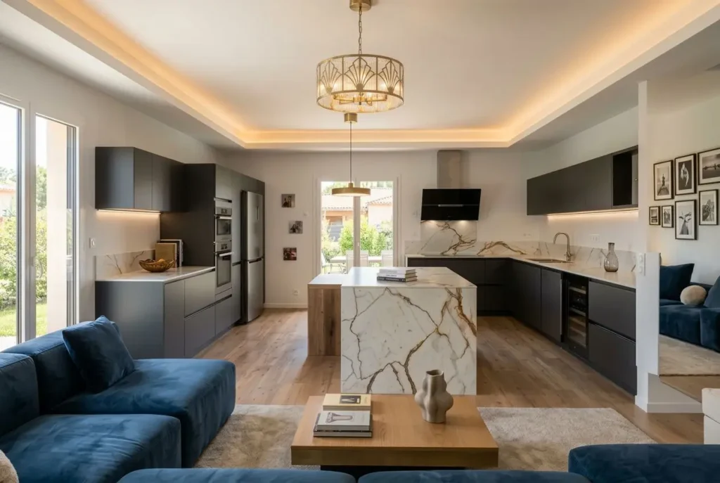 Cuisine moderne lumineuse avec îlot central en marbre, plans de travail sombres et rangements élégants; espace salon bleu et lumière chaude. Idées aménagement cuisine moderne intégrée naturellement.