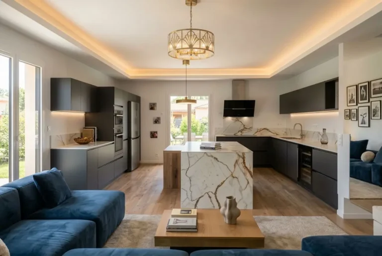 Cuisine moderne lumineuse avec îlot central en marbre, plans de travail sombres et rangements élégants; espace salon bleu et lumière chaude. Idées aménagement cuisine moderne intégrée naturellement.