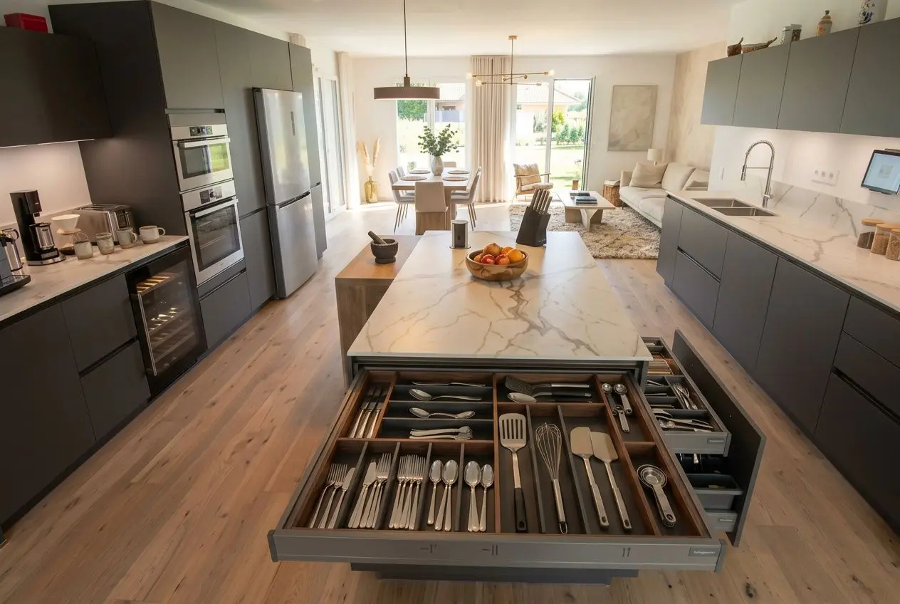 Cuisine moderne lumineuse avec îlot central et rangements gris foncé; tiroir à couverts et ustensiles sortis, cuisine bicolore et plan de travail marbre. Idées aménagement cuisine moderne.