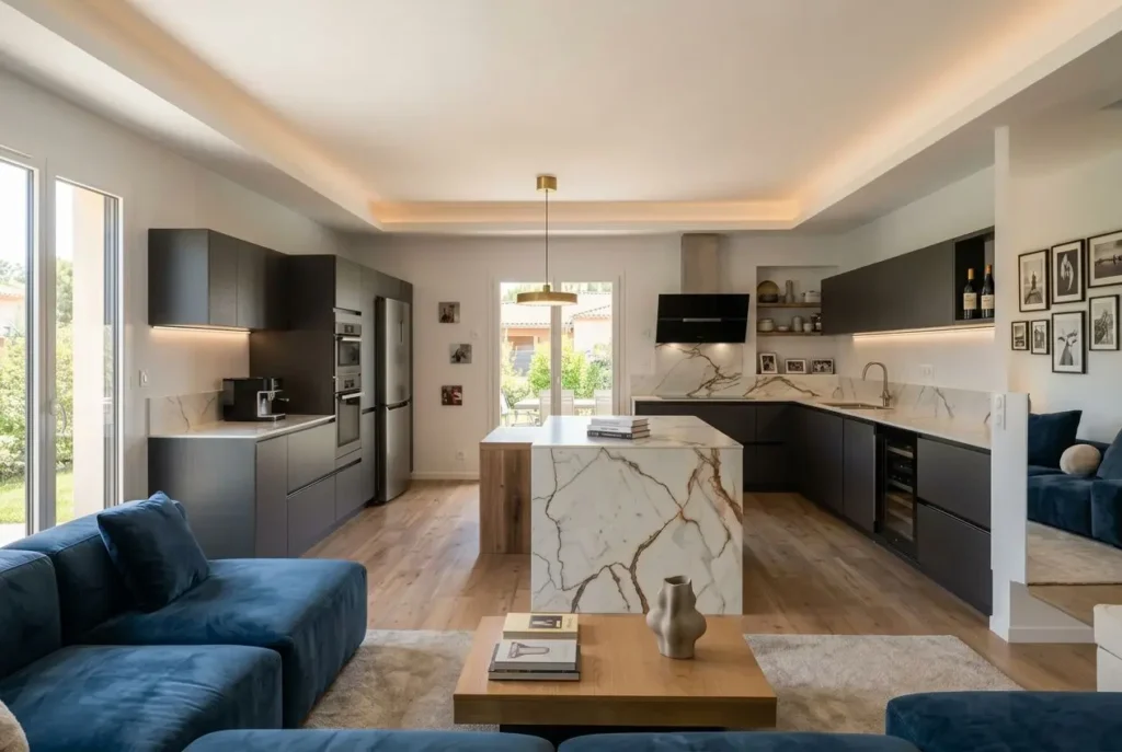 Cuisine moderne en open-space avec îlot central en marbre, rangements noirs et17 éclairage encastré. Coin salon bleu, grande baie vitrée. Aménagement cuisine 3d intégrable.
