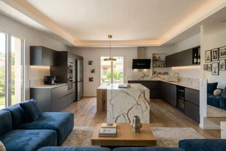 Cuisine moderne en open-space avec îlot central en marbre, rangements noirs et17 éclairage encastré. Coin salon bleu, grande baie vitrée. Aménagement cuisine 3d intégrable.