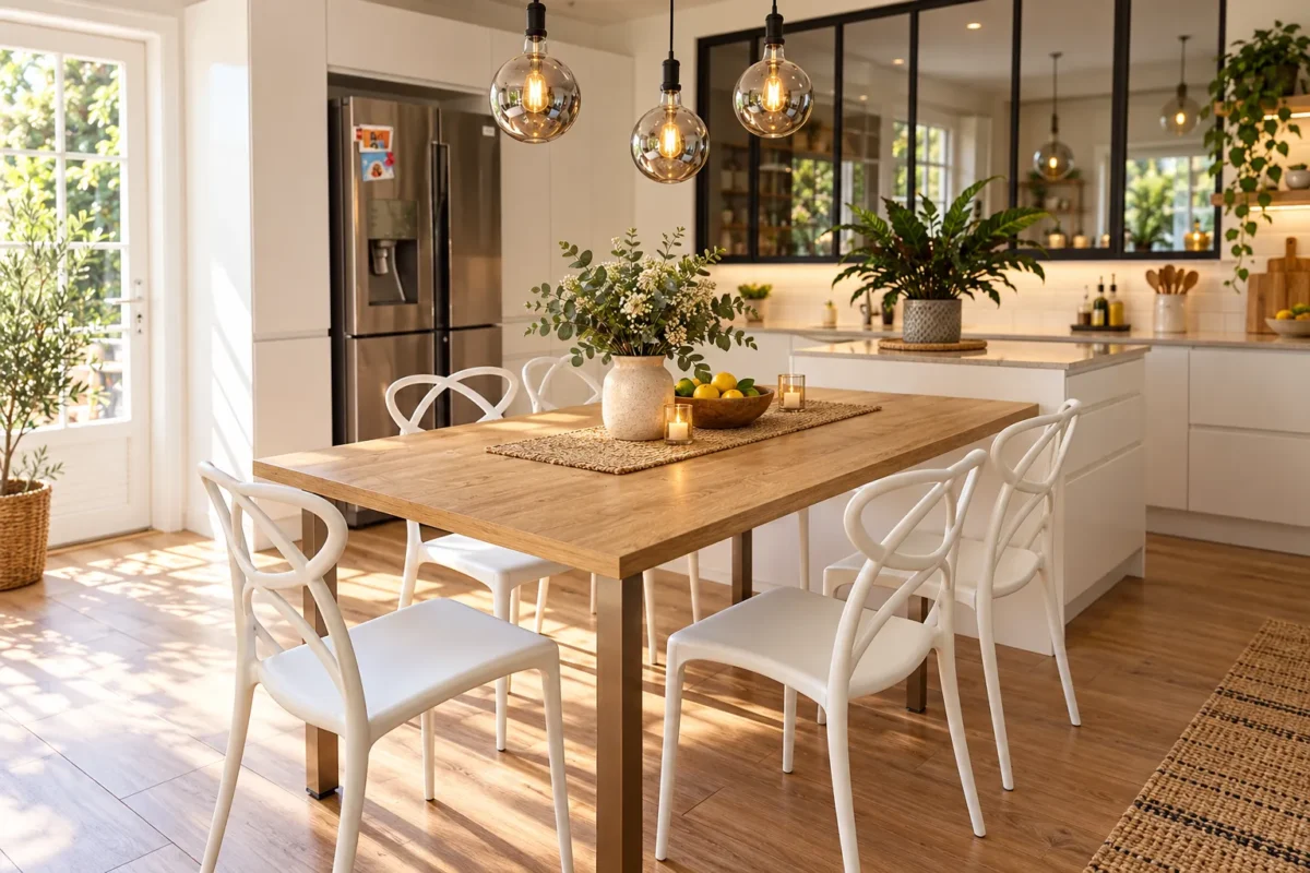 Une cuisine lumineuse au style campagne chic avec une grande table en bois au centre entourée de chaises blanches et des