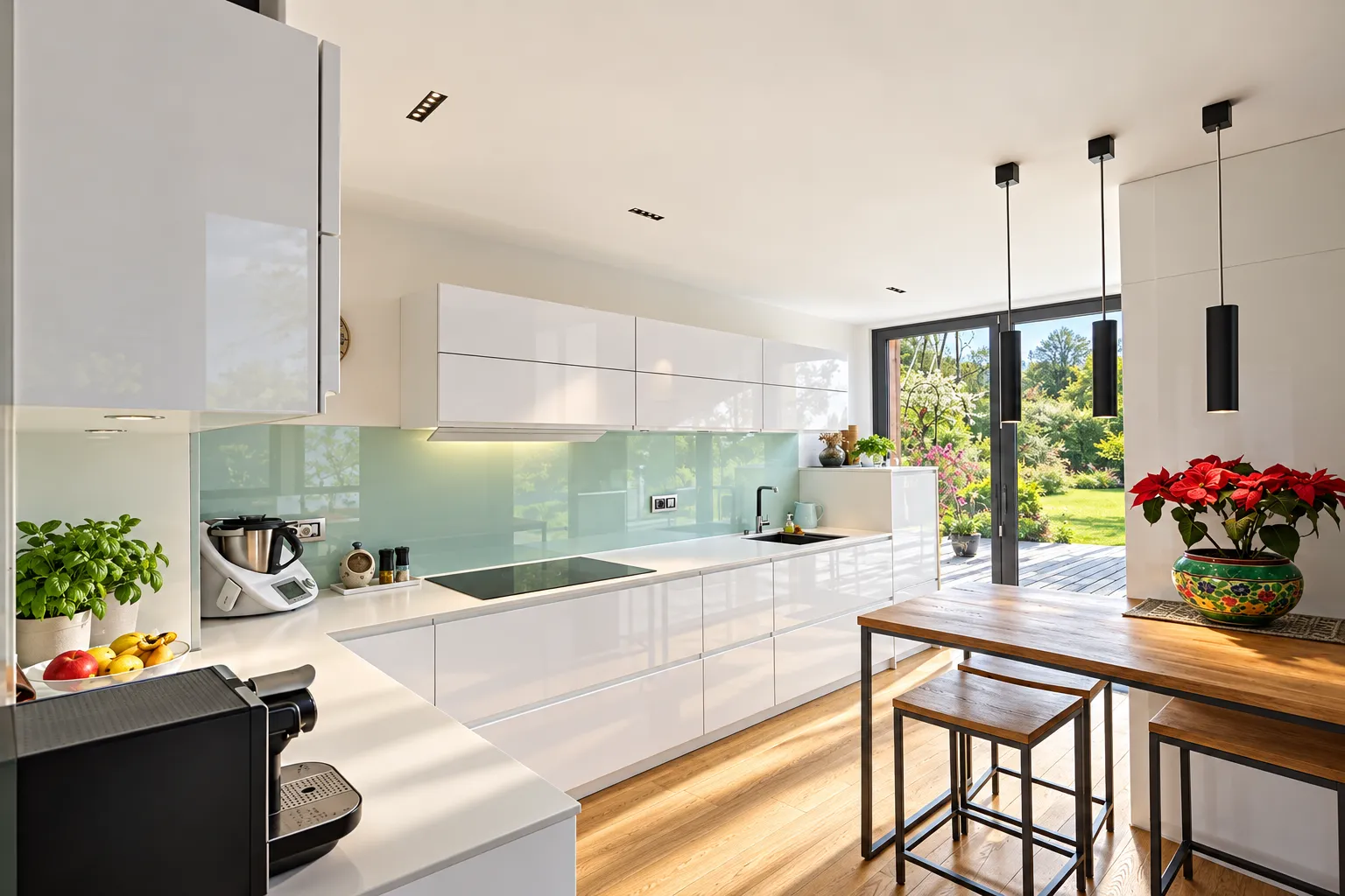Cuisine moderne lumineuse blanche avec un plan de travail et une table à manger en bois près d’une baie vitrée et d’un