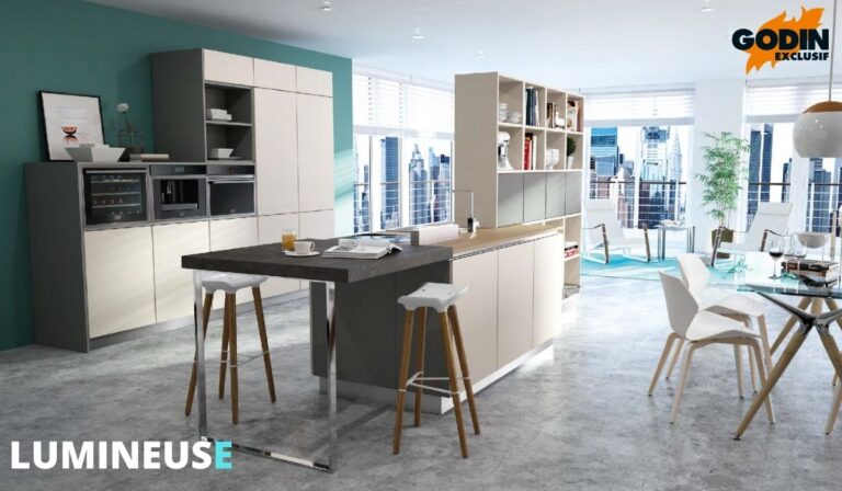 Cuisine ouverte lumineuse avec îlot et rangements intégrés dans un espace contemporain.