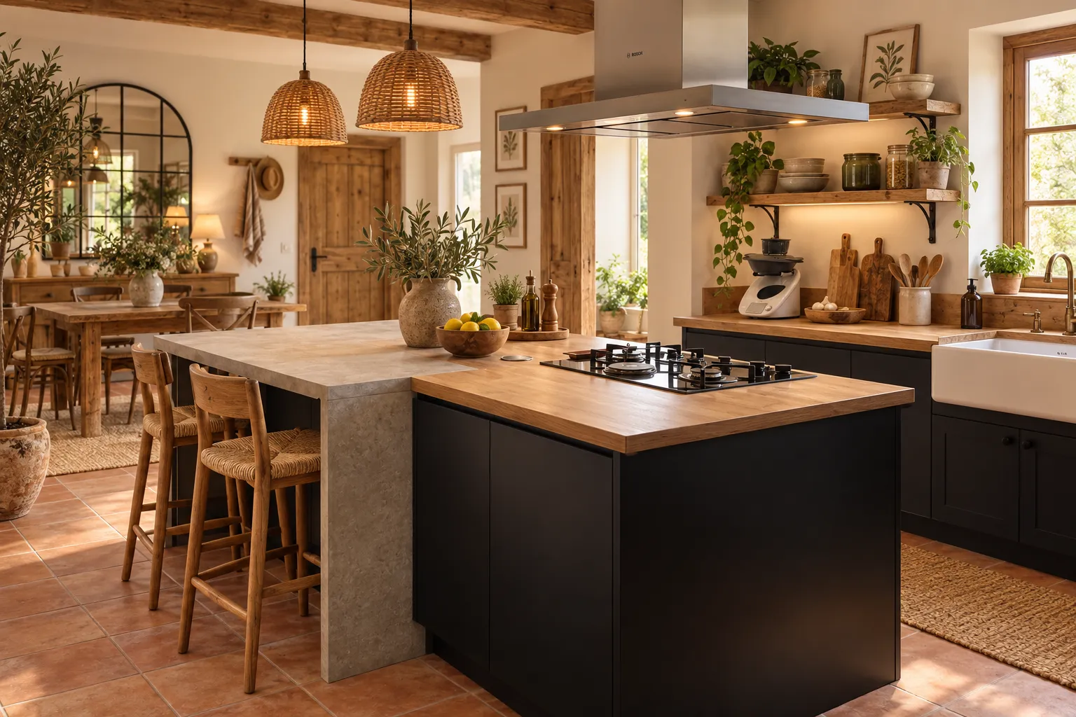 Cuisine de style campagne avec îlot en bois, plan de travail éclairé et meubles sombre au sein d’un espace lumineux et
