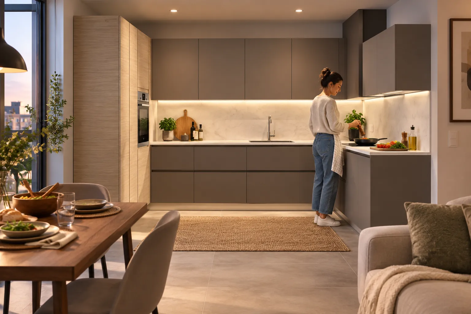 Une femme cuisine dans une petite cuisine moderne aux meubles vert olive et plan de travail clair.