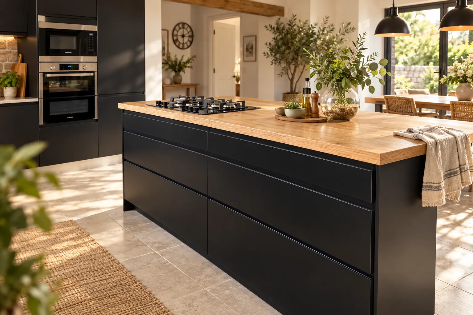 Îlot de cuisine moderne avec plan de travail en bois et façades noires, entouré d’un espace lumineux et végétal.
