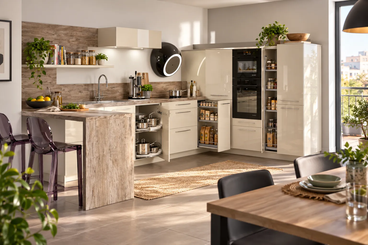 Rangement d’angle de cuisine avec meubles et rangements ouverts autour d’un plan de travail et d’un four encastré.
